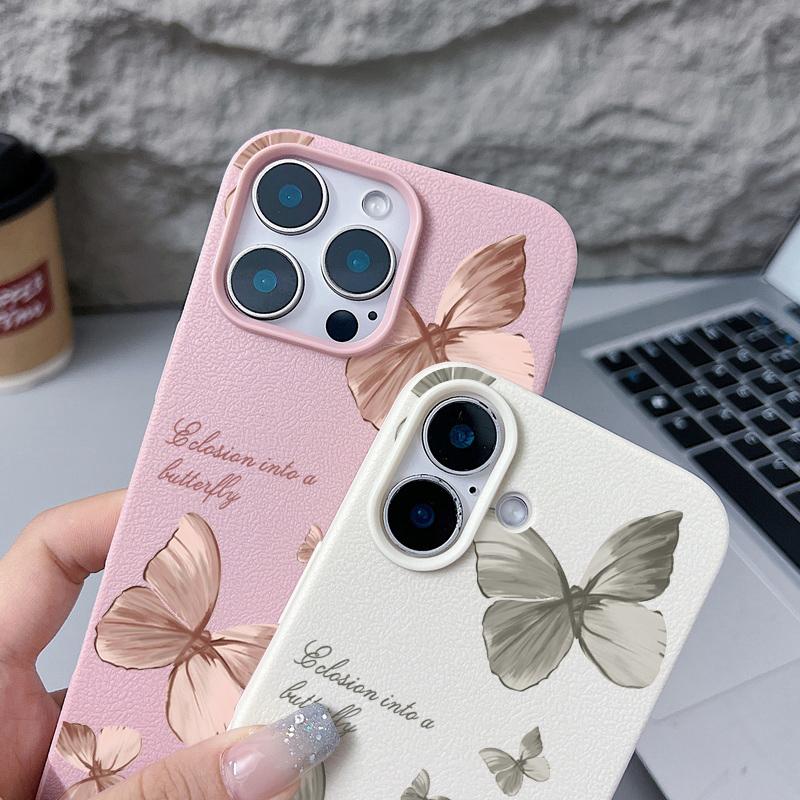 Color Butterfly Pattern Leather Texture Phone Case for iPhone 16 Pro 15 14 13 12 Pro Max Shockproof Matte Slim Plain Color Tpu Soft Anti-Fall Cover