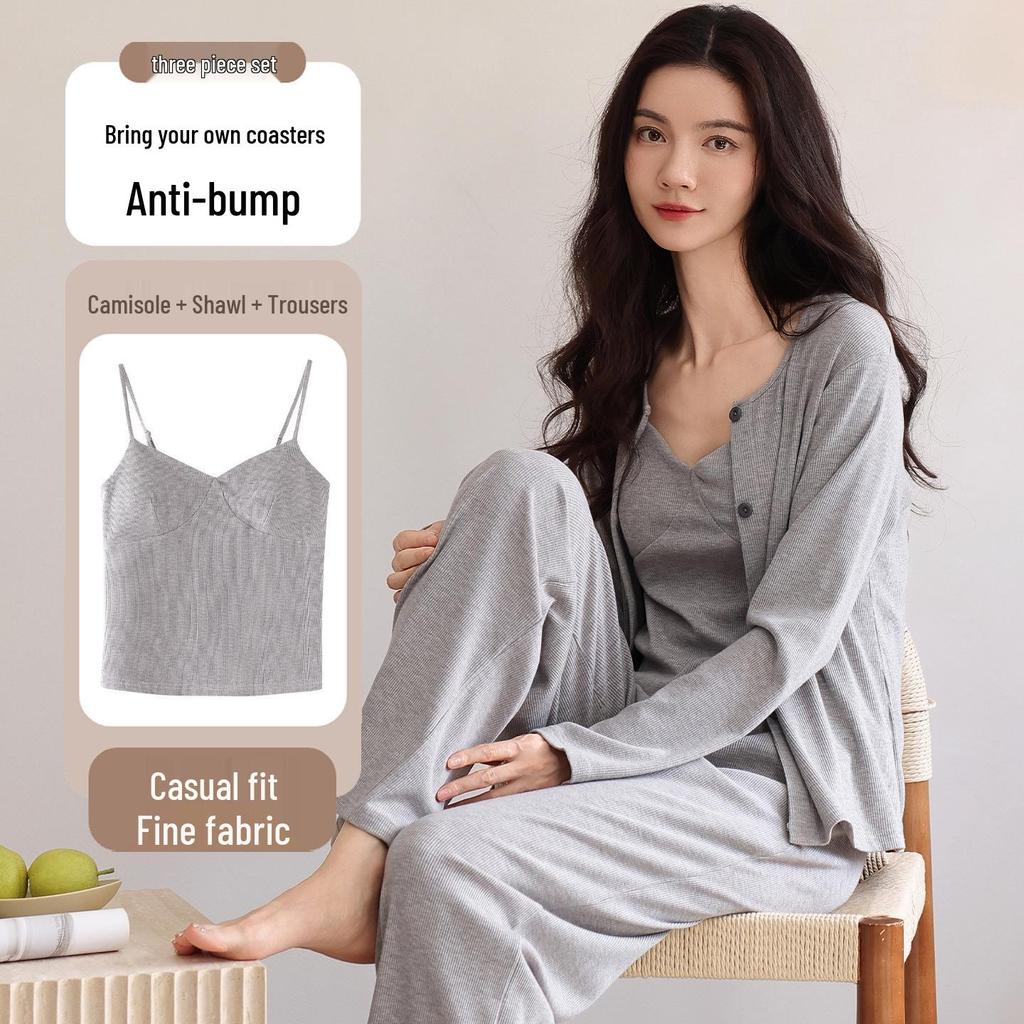 Women's Modal Long Sleeve Pajama Set with Bra Pads, Camisole, and Pants, Fall/Winter 3-Piece Set, Suitable for Outdoors.