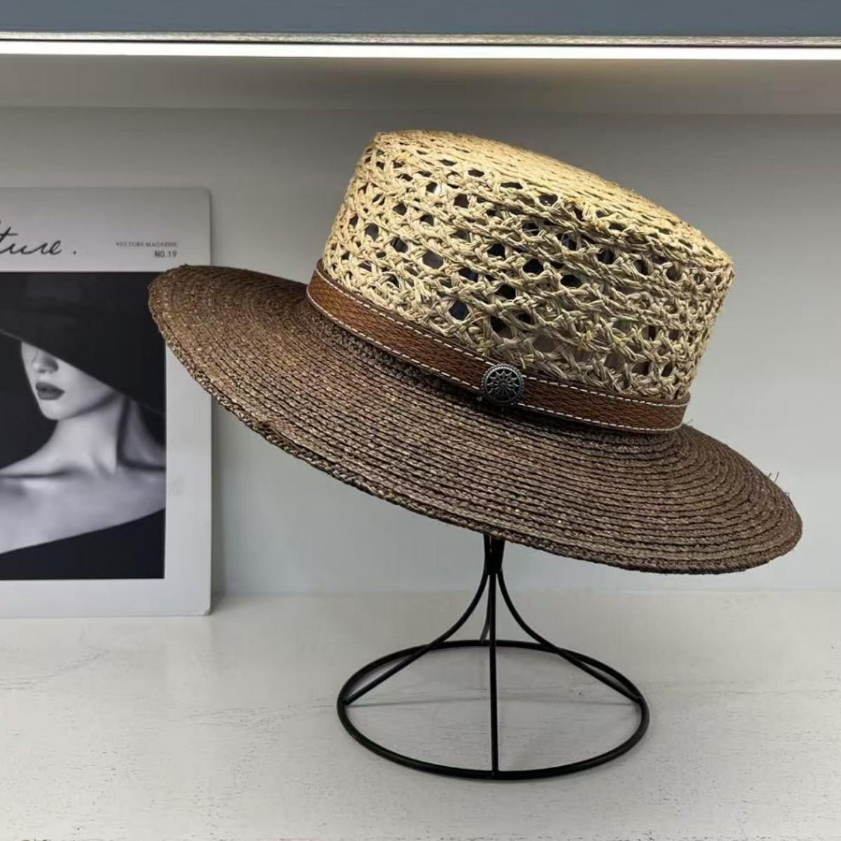 French straw hat children summer outing hollow flat edge hat sunshade sunscreen Hepburn style raffia flat top top top hat M(55-58cm)