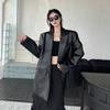Women Fall Mid Length Black Leather Blazer Loose Double Breasted Casual Elegant Leather Suit Jacket