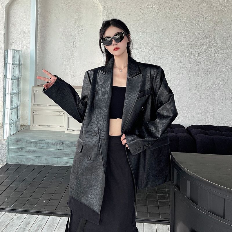 Women Fall Mid Length Black Leather Blazer Loose Double Breasted Casual Elegant Leather Suit Jacket