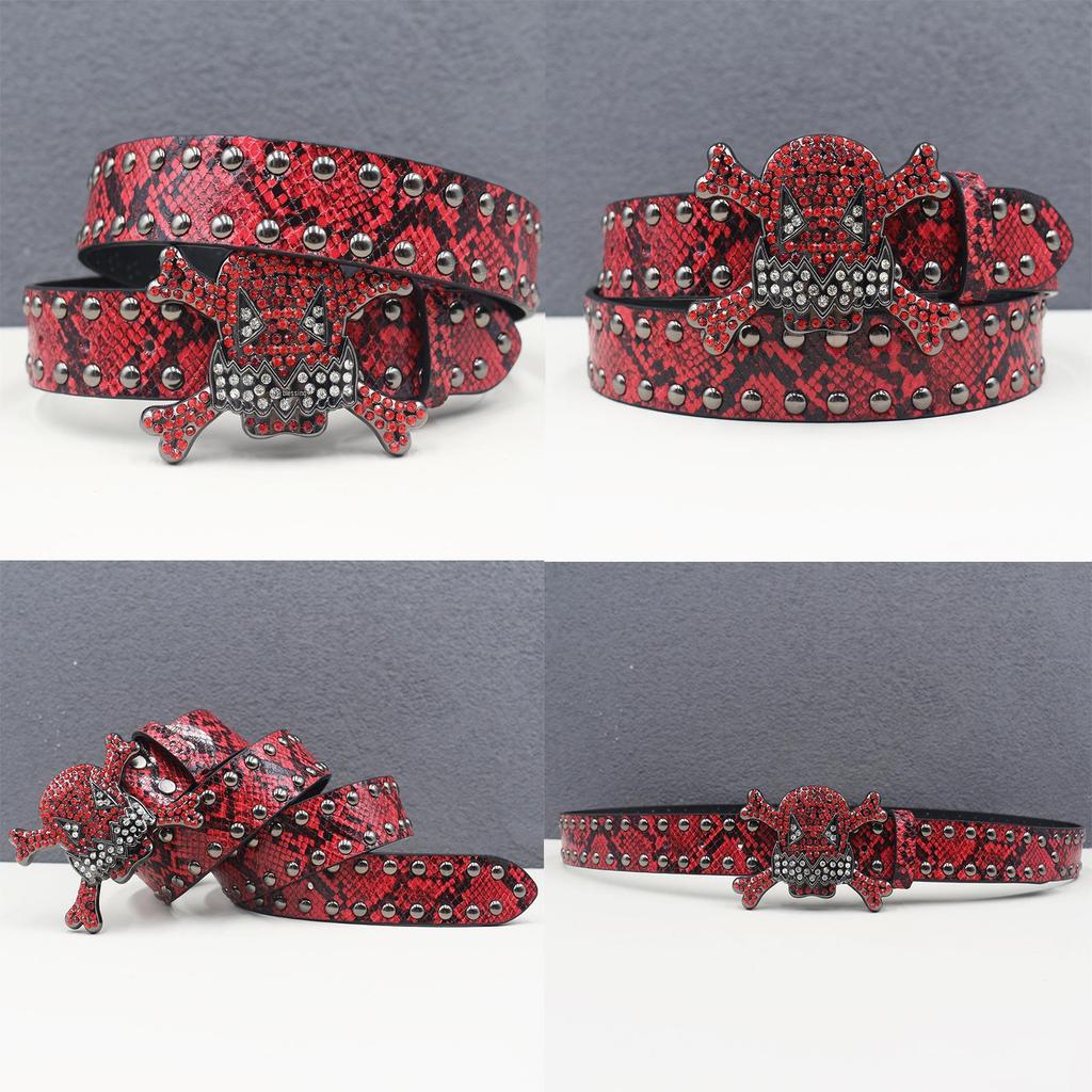Unisex Y2K Rhinestone Skull Punk Belt with Rivet and Python Skin Design