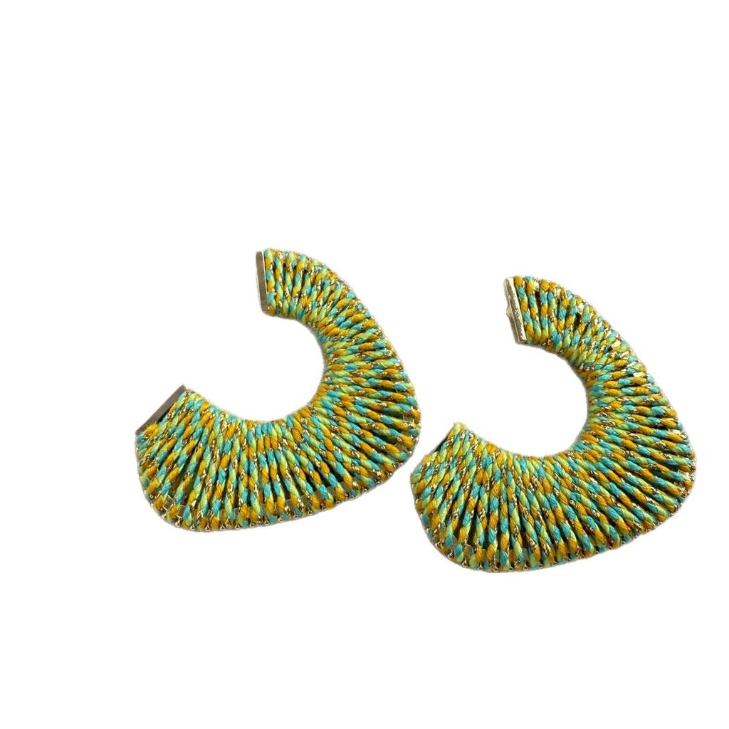 Elegant Hoop Earrings: Handmade European & American Fashion, Versatile Fall/Winter C-Shaped Studs with Cotton Thread Weaving