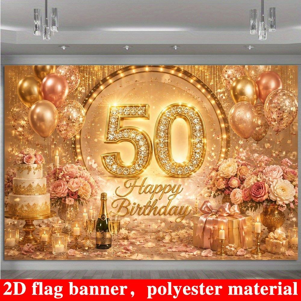 2D Flat Banner, 50th Birthday Backdrop, Shiny Numbers, Balloons, Floral Arrangements, Cake