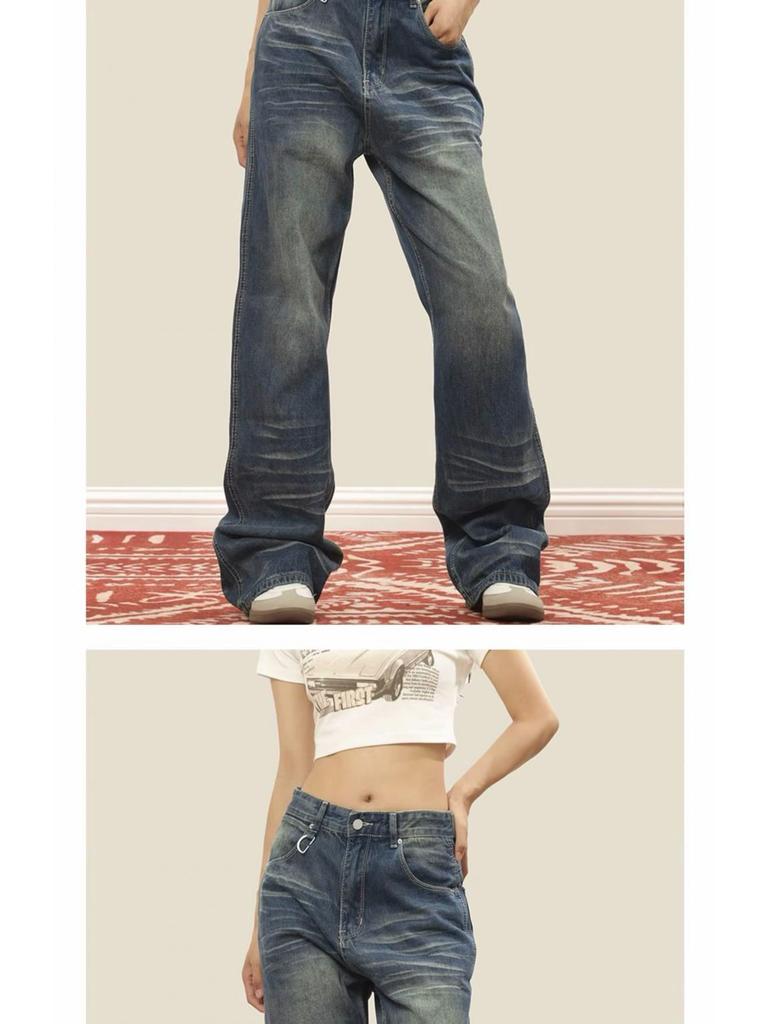 Unisex High-Street Retro Distressed Straight-Leg Jeans