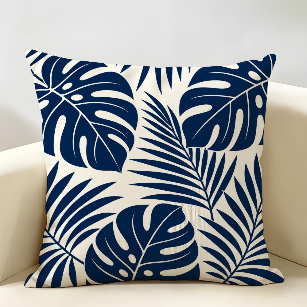 Blue Navy Tropical Silhouette Leaf Cushion Cover Durable Hypoallergenic Organic Linen Short Pillow Cover Washable