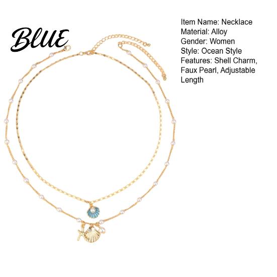 Shell Necklace Women Double-layered Starfish Charm Faux Pearl Decor Adjustable