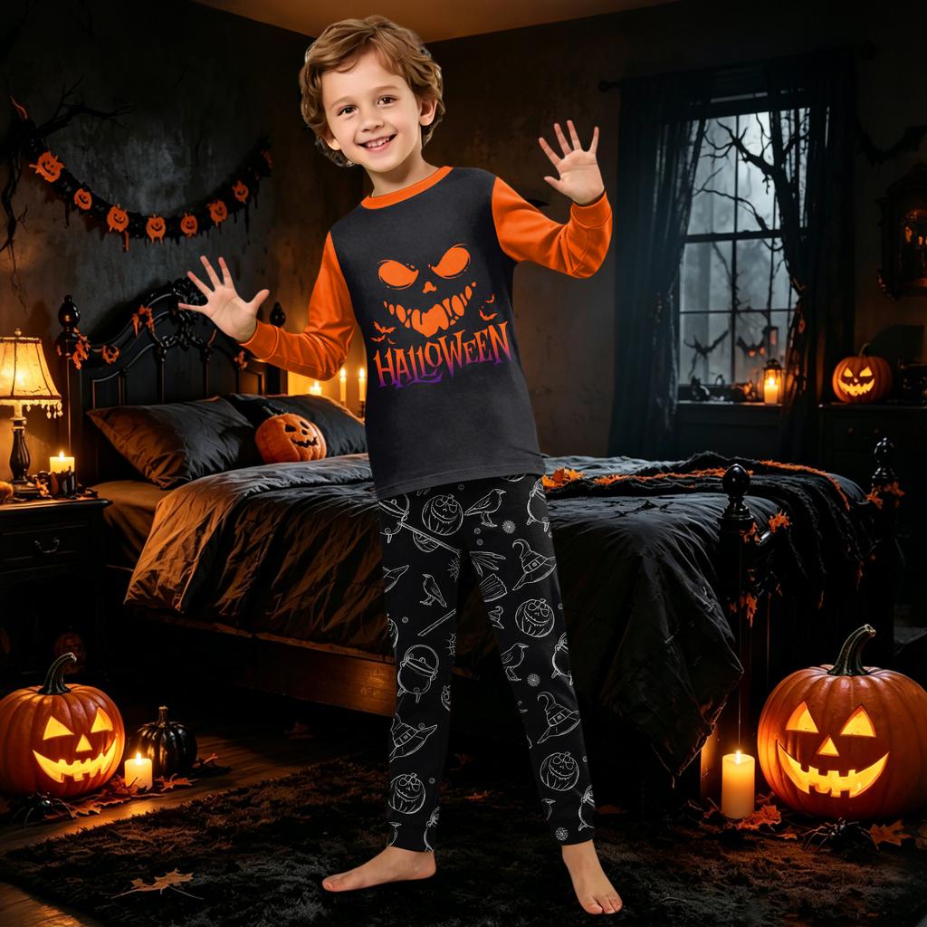 Family Matching Halloween Print Long Sleeve Pajama Set with Round Neck and Long Pants for Parents and Kids
