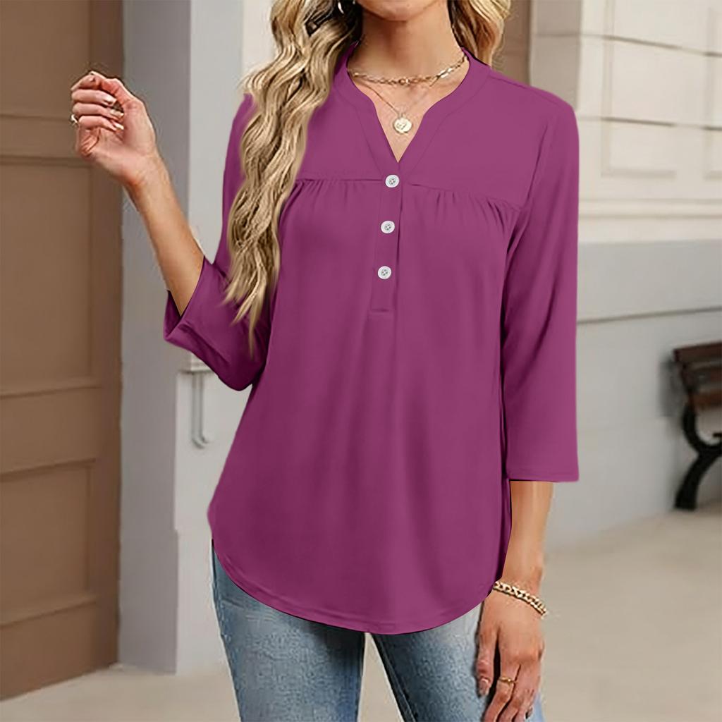 Women's Fashionable Casual Color V-Neck Decorative Button Three-Quarter Sleeve T-Shirt Top