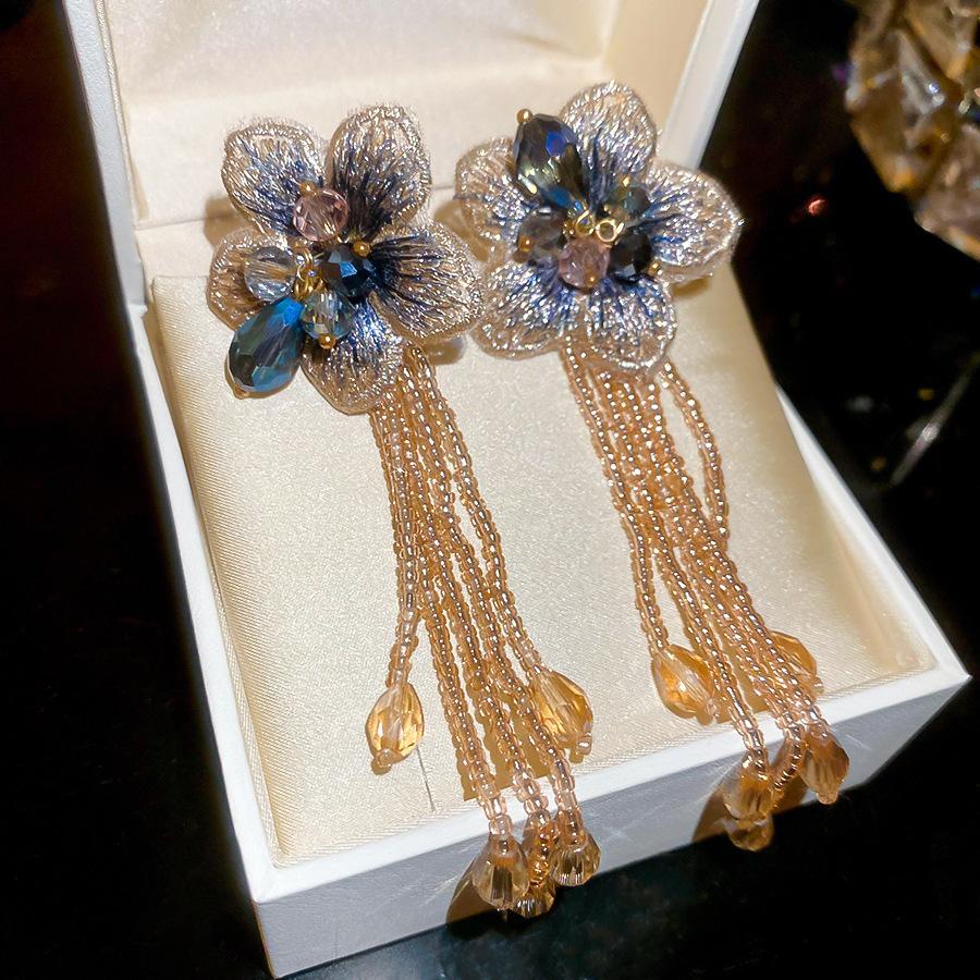 Silver Needle Fabric Flower Glass Fringed Earrings Medium Antique Temperament Stud Earrings Design Sense Niche Earrings