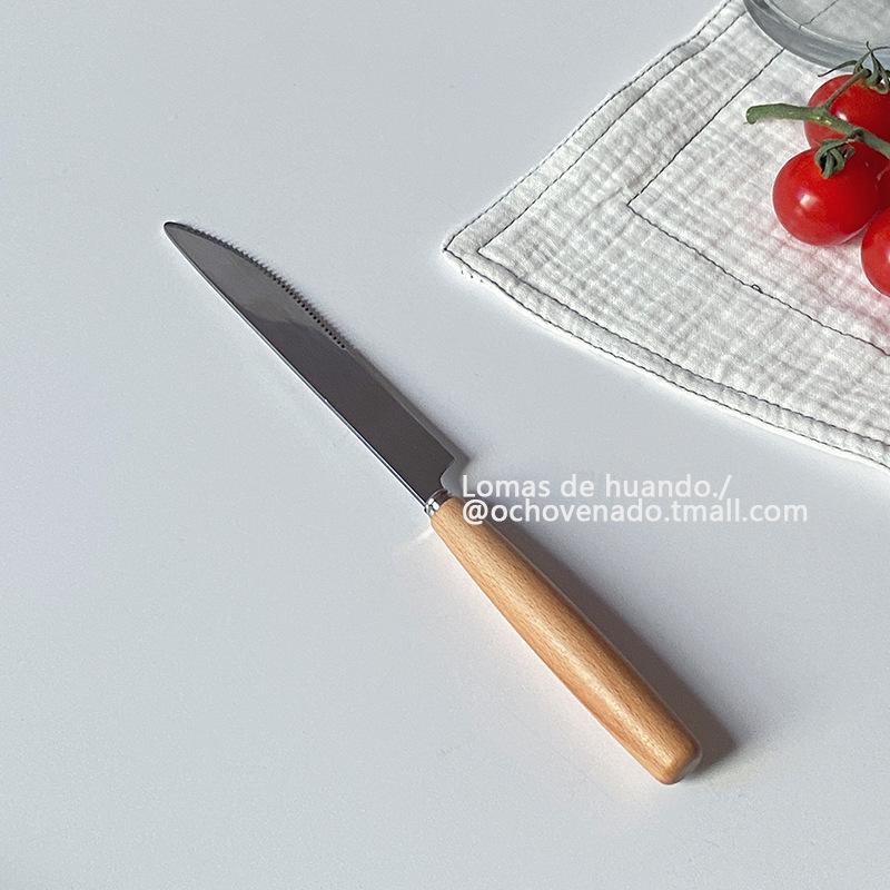 Simple INS wooden handle chopsticks knife fork spoon tableware set stainless steel Japanese style student portable love