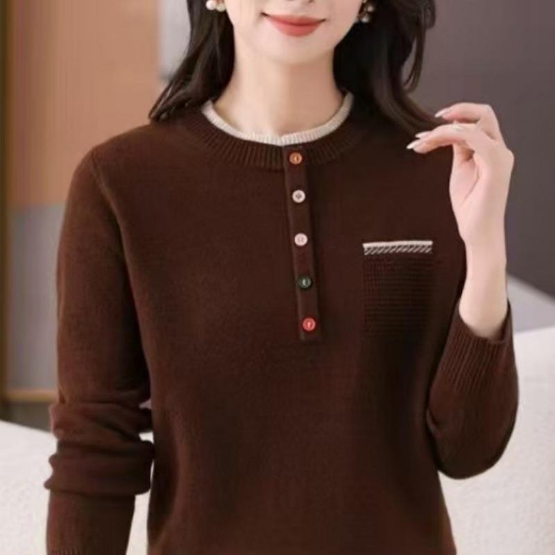 

Crew neck women s sweater loose and versatile fashion autumn new temperament pullover color buckle knitted bottoming shirt tide One size кофейный