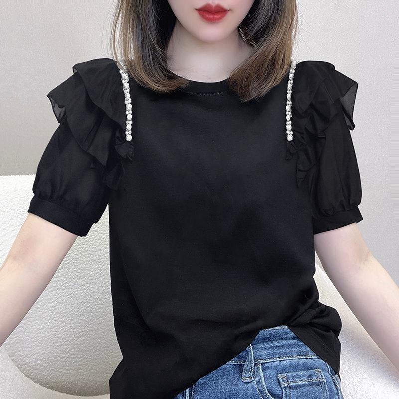 Summer New Round Neck Black Ruffles Beading T-shirt Ladies Short Sleeve Casual Fashion Pullover Tops Women Loose All-match Tee