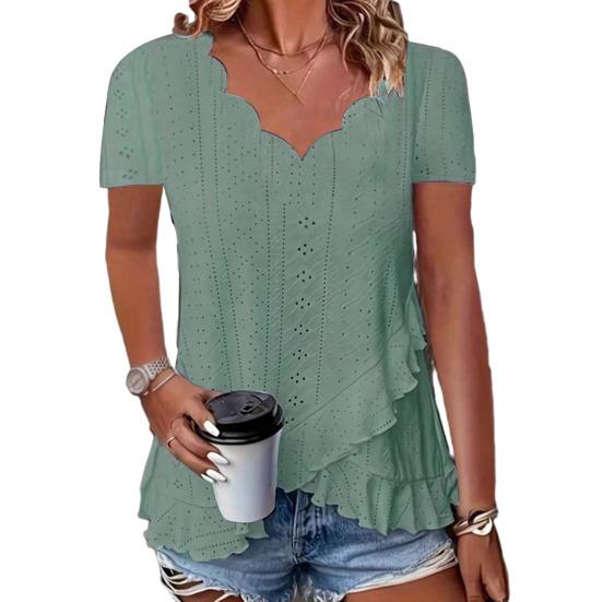 

Women Tops V-Neck Short Sleeve Jacquard Decoration Pure Color Loose Fit Pullover Tops S