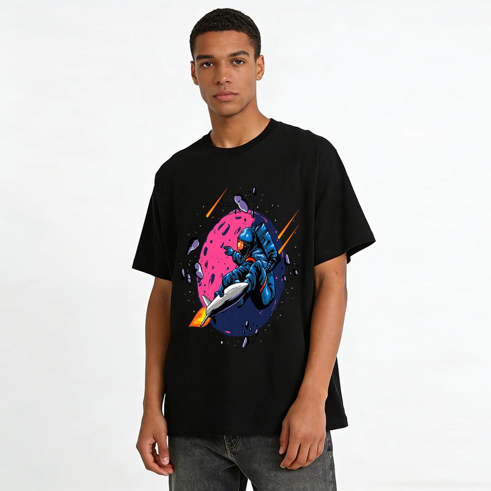 Cool Astronaut Riding Rocket Graphic Casual Short Sleeve T-Shirt Pure Cotton T-shirt