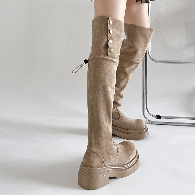 Fashion temperament retro knee thick-soled boots women's 2025 new autumn and winter thin small height-increasing knight boots