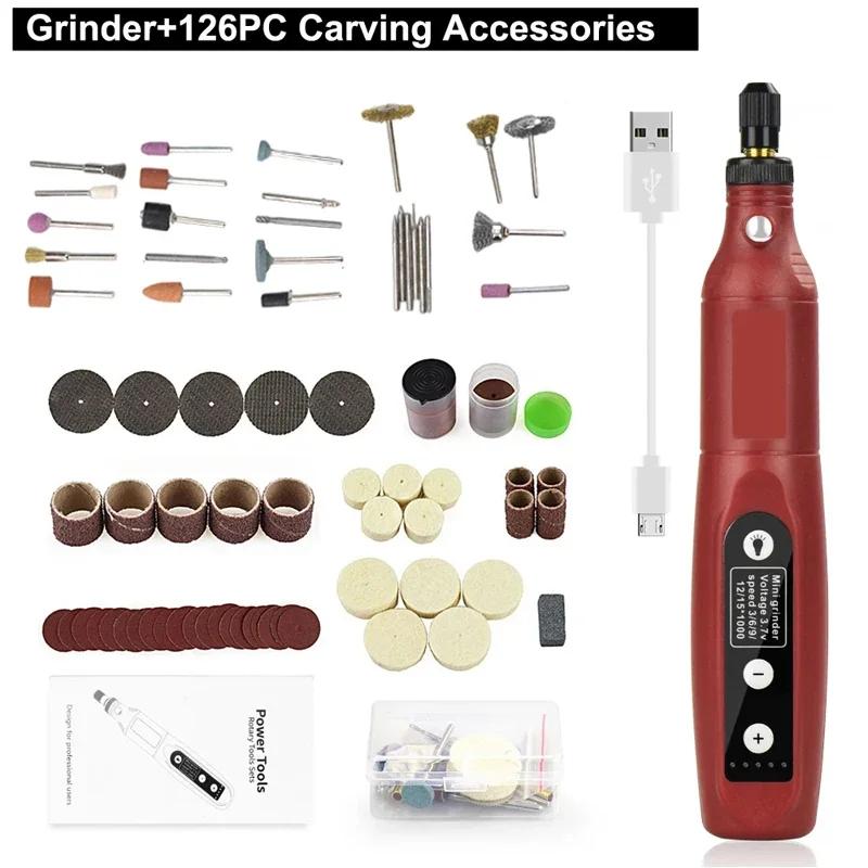 USB Rechargeable Electric Drill Mini Multifunction Electric Grinder 5 Gears with Light Polishing Machine Practical Abrasive Set