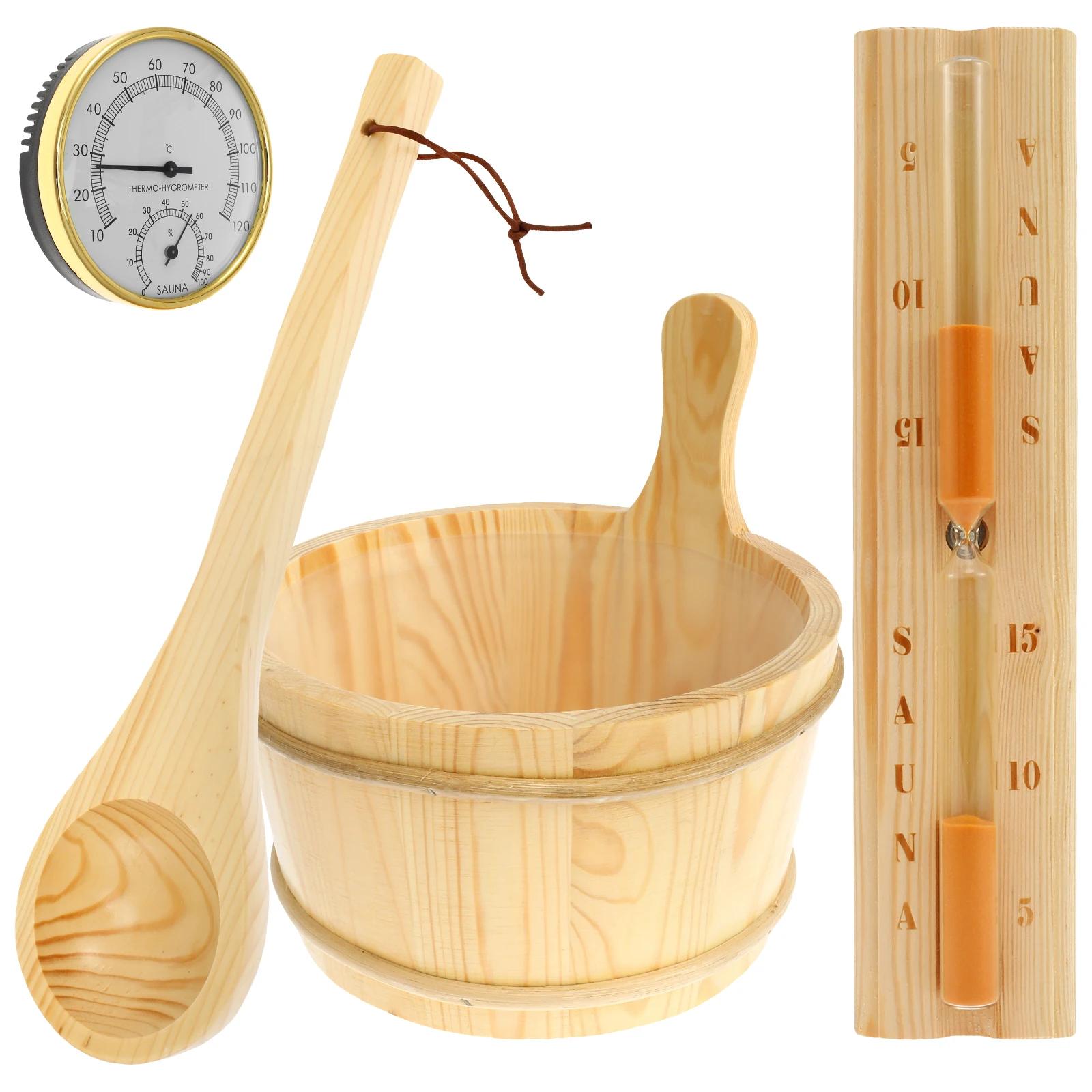 

Набор из 4 предметов Аксессуары для сауны Деревянное ведро для сауны Ложка для сауны с ручкой Дизайн 2 в 1 Термометр&Гигрометр для сауны Песочные часы