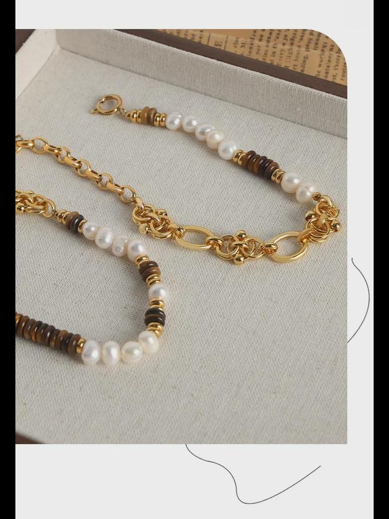 Europejski i Amerykański Styl Pałacowy Kamień Tygrysie Oko i Perła Słodkowodna Ręcznie Robiony Naszyjnik Bransoletka