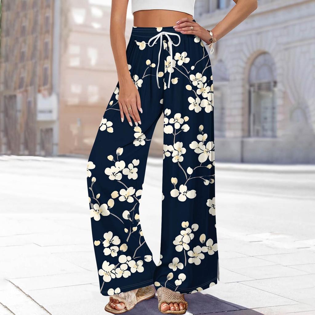Women's Printed Wide Leg Pants With Pockets High Waist Drawstring Loose Casual Pants