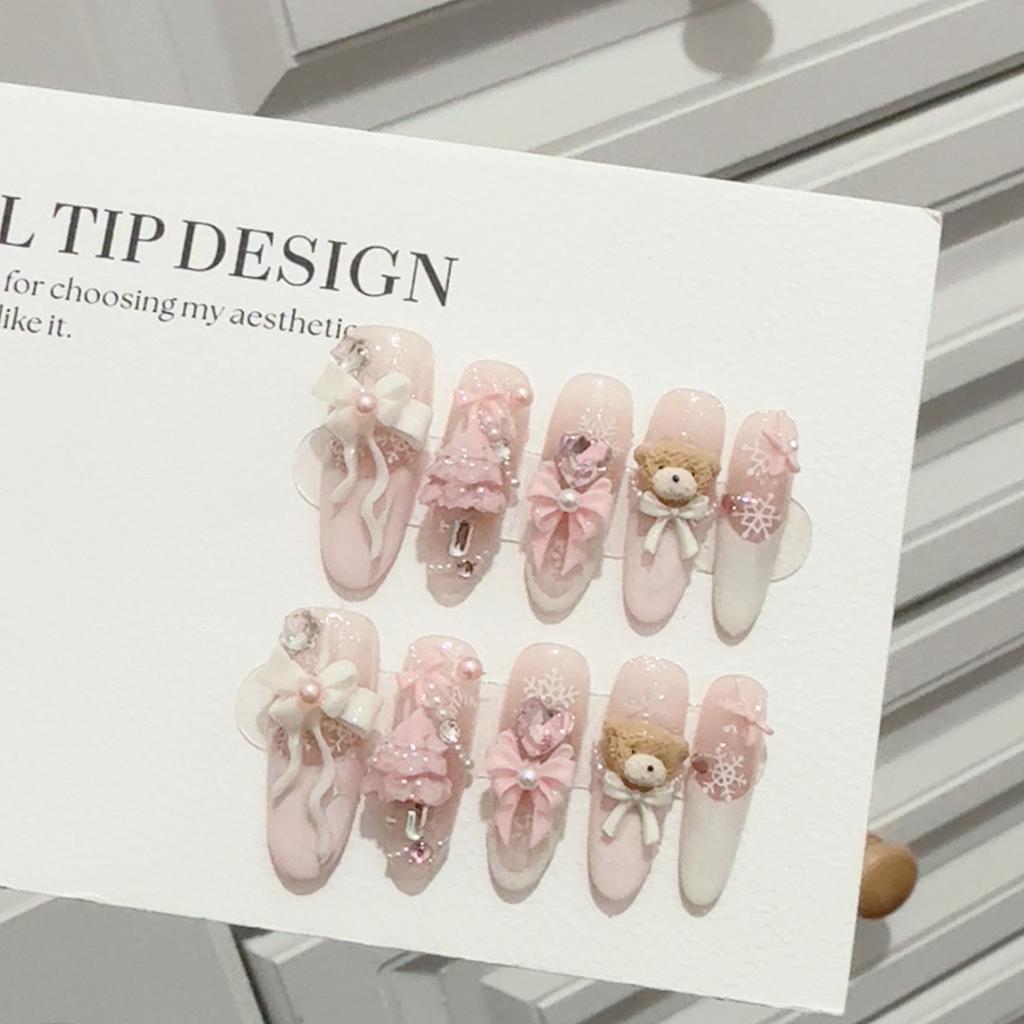 10Pcs Christmas Bear Design Press On Nails Easy To Apply and Remove Fake Nails for Party