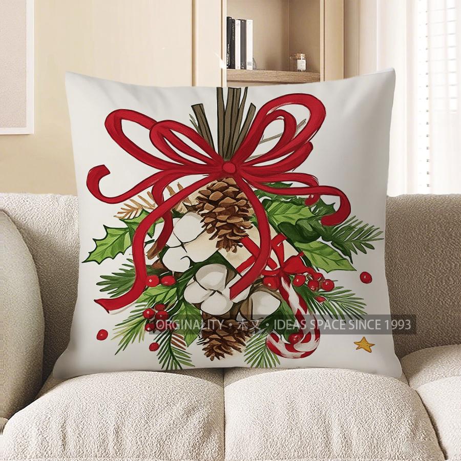 Home Decor Christmas Wreath Bow Decorative Pillow Cover Pattern Cushion Cover Suitable For Sofa Bedroom Car Pillow Cover