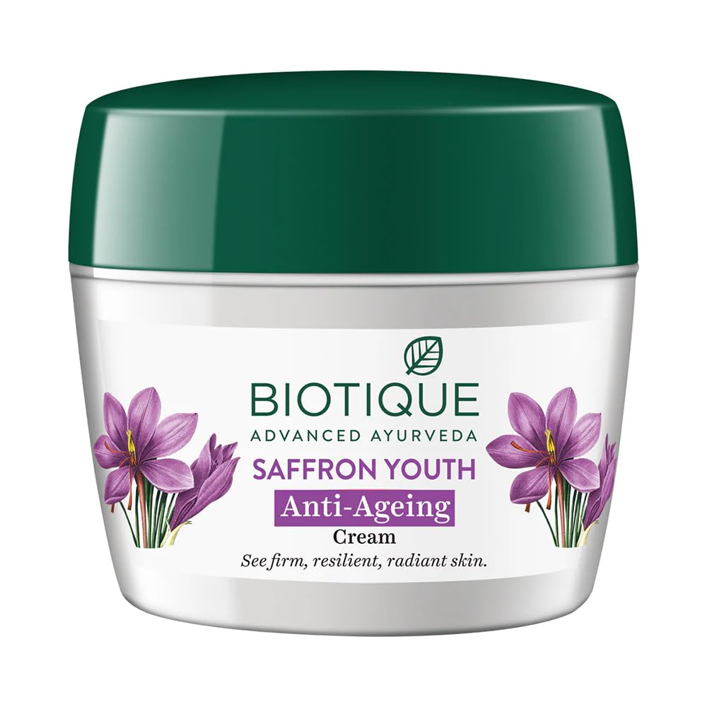 Biotique Saffron Youth Anti-Ageing Cream l 100% Pure Botanical Extracts l Anti-ageing cream for wrinkles and dark lines l Reduces dry lines and R