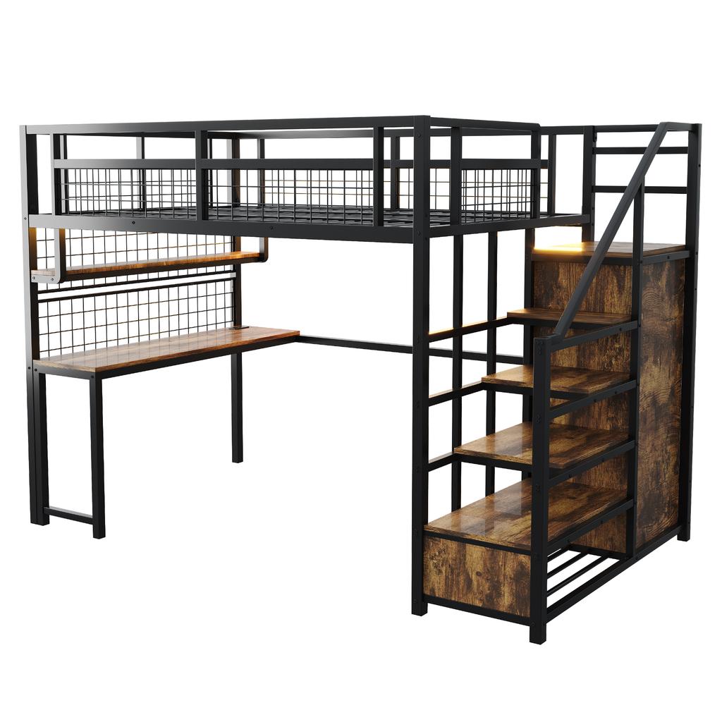 Metal Loft Bed 140 X 200 Cm with Storage Ladder and Simple Wardrobe, with Shelf, Table and Mesh Shelf, with Light Strip Socket, Black, SKU LDB00433AAB