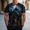 Halloween Horror Black Castle Print Short Sleeve T Shirts For Men Trend Streetwear Personality Holiday Essentials Pumpkin Tshirt