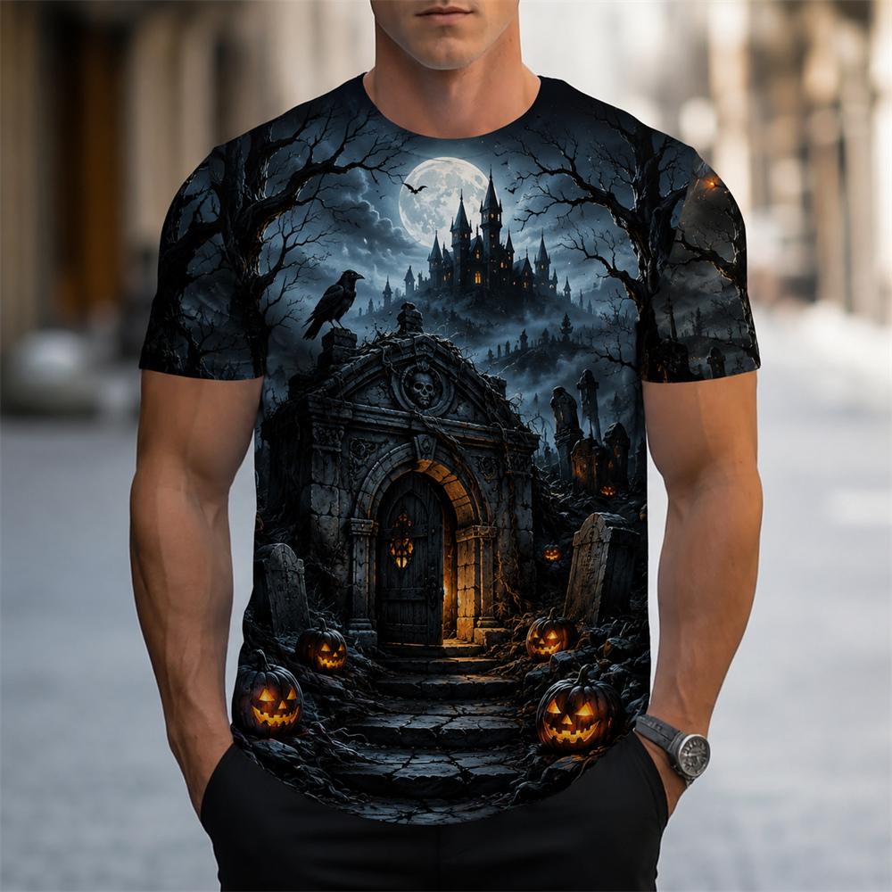 Halloween Horror Black Castle Print Short Sleeve T Shirts For Men Trend Streetwear Personality Holiday Essentials Pumpkin Tshirt
