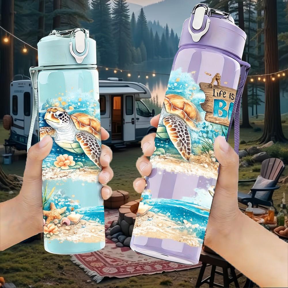 1PC Ocean Surfing Boy Beach Scenery 750ml Color Plastic Sports Water Bottle Leakproof Flip Straw Lid Suitable for Sports Office Home Use