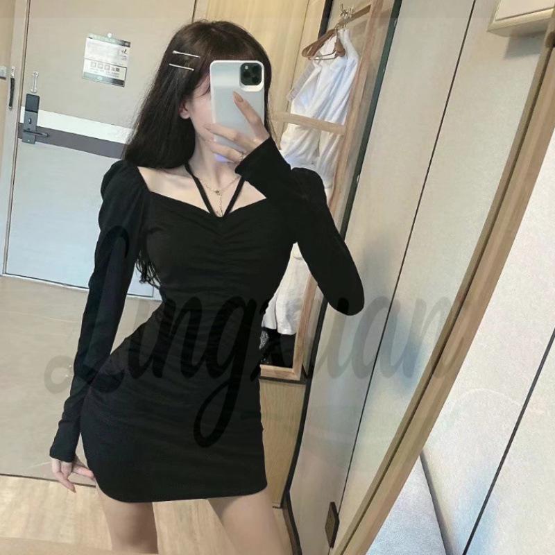 Slimming French Retro Red Halter Bodycon Dress with Long Sleeves Extra Large чёрный