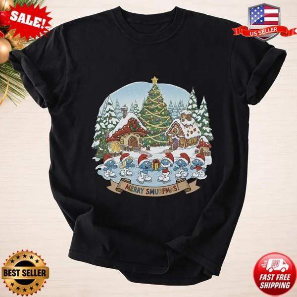 Merry Smurfmas T-Shirt Smurfs Christmas Tee Holiday Cartoon Shirt S-5XL M