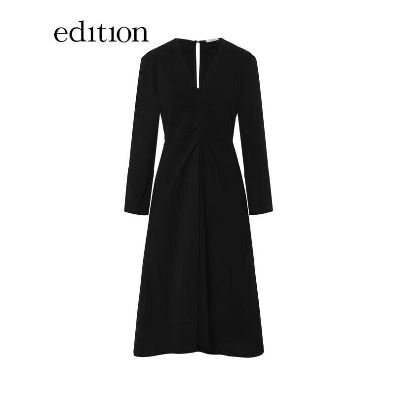 Edition Women's Black Pleated V-Neck A-Line Maxi Dress