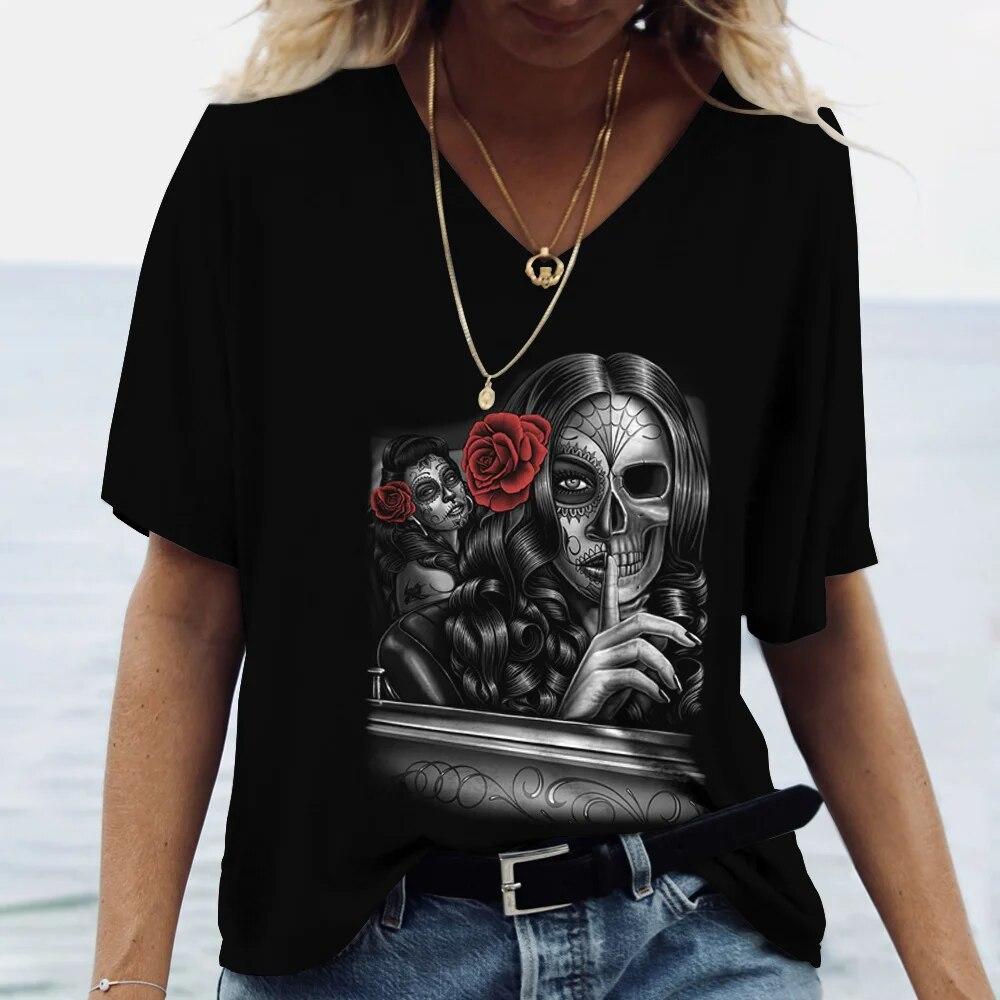 Nová dámská trička Skull Beauty Print Harajuku Y2k Streetwear Day of the Dead Oblečení Topy Dámské Oblečení nadměrné velikosti Letní 6xl