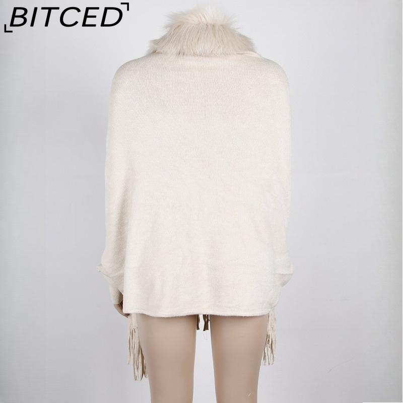 BITCED Fall/Winter Fringe Cape Shawl with Fur Collar Solid-Color Knit Sweater Jacket