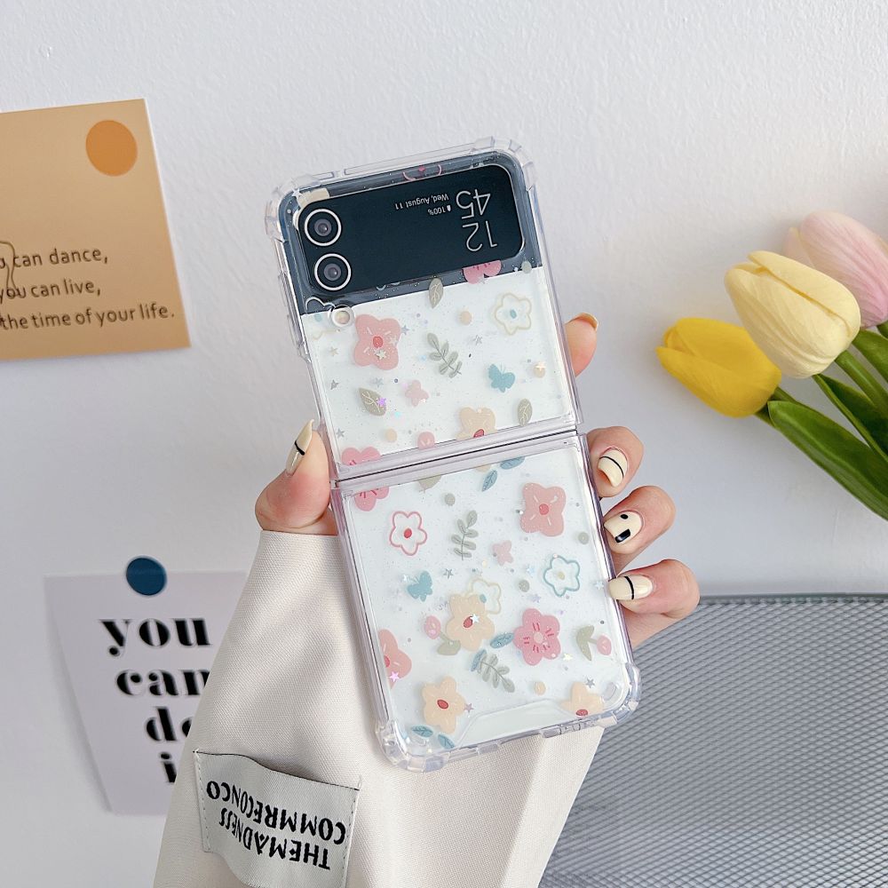 For Samsung Z Flip 4 Case Flash Flower Transparent Folding Phone Case For Samsung Z Flip 3 5g Zflip4 Shockproof Hard Back Cover