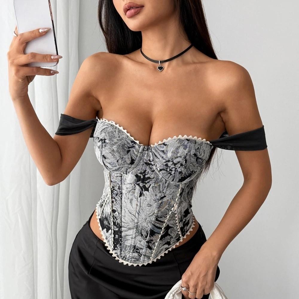 Jacquard Fabric Fish Bone Corset Lace Camisole Top Elegant Jacquard Corset Vest  Evening Wear