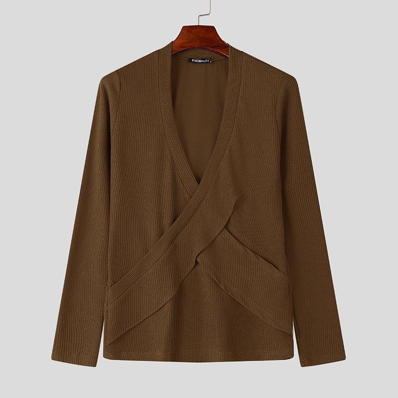 INCERUN Men V Neck Front Cross Long Sleeve Fitted Tops Knitted Rib Undershirts