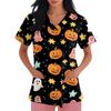 Women's Fashion Short Sleeve Halloween Printed V-Neck Pocket Workwear Tops