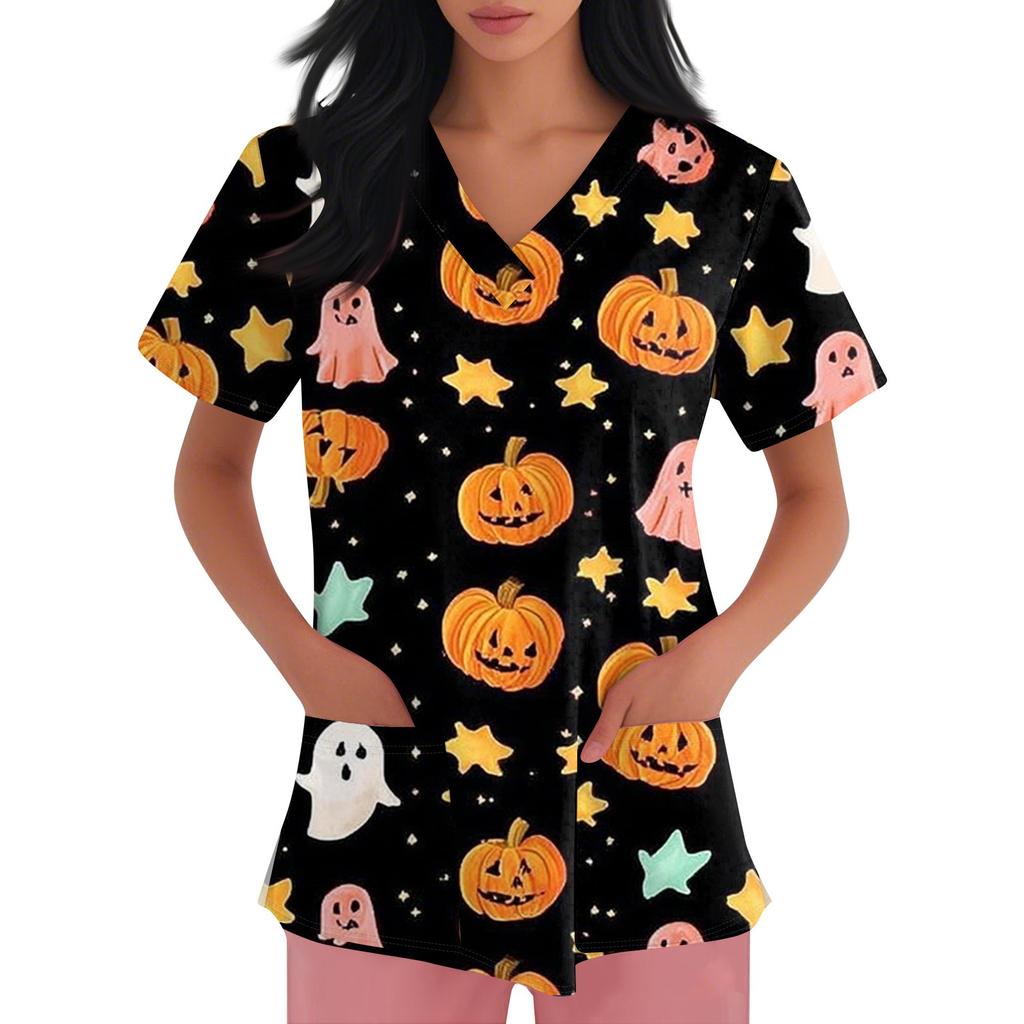 Women's Fashion Short Sleeve Halloween Printed V-Neck Pocket Workwear Tops