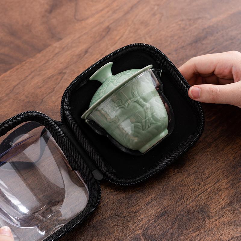 Celadon Ge Kiln Opening Film Can Raise Outdoor Portable Travel Tea Set, One Pot and Two Teacups, Gifts