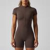 Women Short Sleeve Zip Front One Piece Bodysuit Stretchy Ribbed Fabric Athletic Fitted Romper for Sports Yoga Running