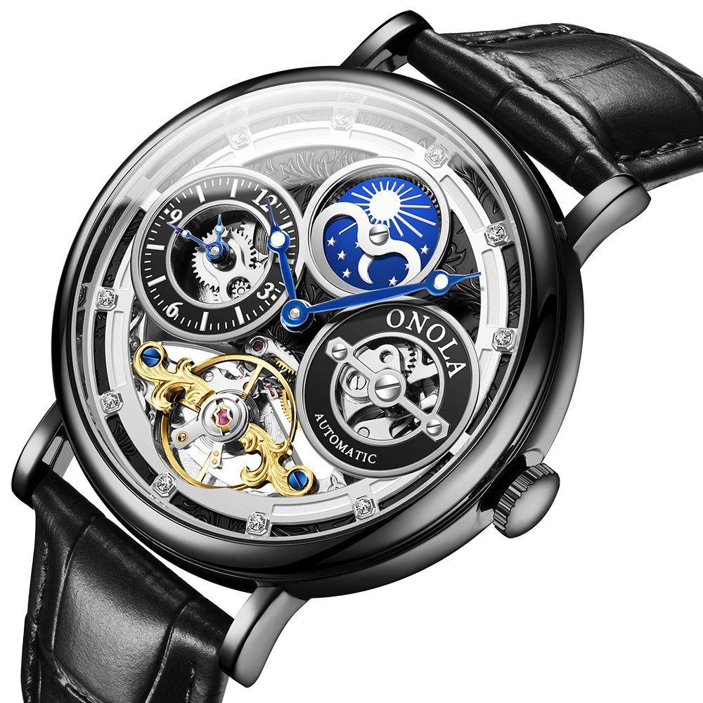 Fashion ONOLA Men Automatic Mechanical Watch Men Stainless Steel Skeleton Wristwatch Men Leather Strap Watch