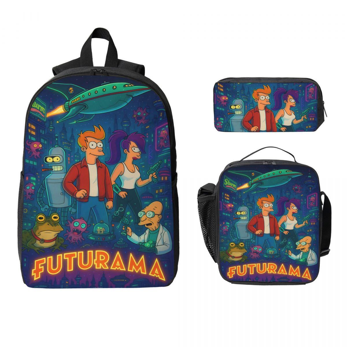 Ensemble de 3 sacs à dos dessin animé Futurama pour enfants, trousses à crayons, ensembles de cartables avec boîte à lunch pour élèves, sacs à dos de jour pour l'école black