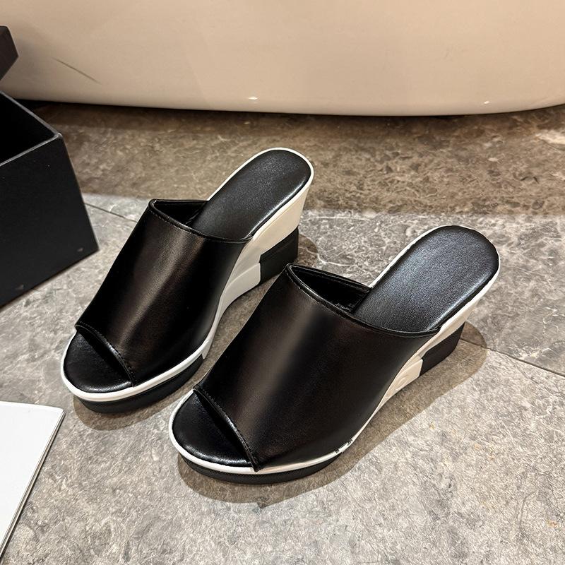 Summer New Sandals Women's Thick-bottomed Muffins, High-heeled Colored Wedges, Comfortable One-word Cool Slippers