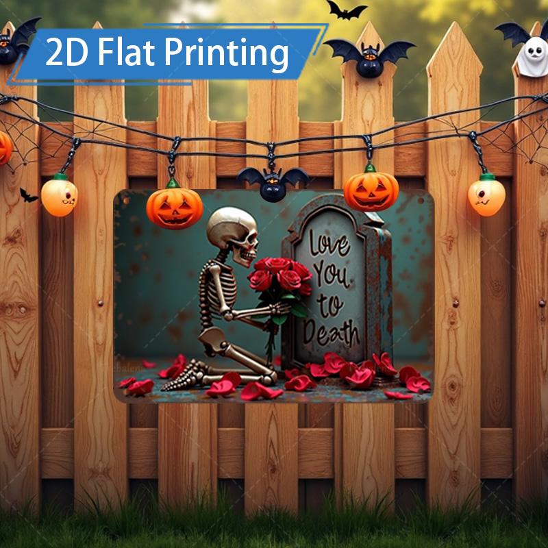 D FLAT pc Metal Sign Halloween Skeleton Love Scene Metal Wall Art 20x30cm(7.8x11.8inch)