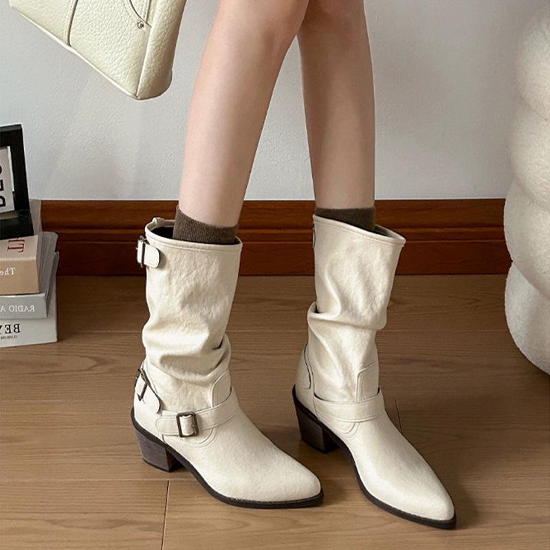 Pointed cowhide version thick heel white short boots women's 2025 new British style belt buckle Martin boots temperament medium tube pile