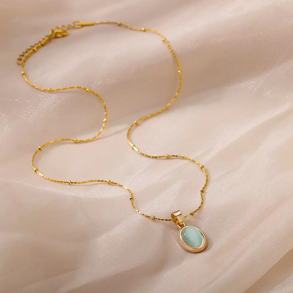 Cute Sweet Gold Color Stainless Steel Water Drop Opal Stone Pendant Necklace for Women Charm Bride Collar Jewelry Colorfast