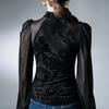 T-shirt da donna a maniche lunghe con colletto alla coreana, stile retrò, per primavera e autunno, top basic con maniche a lanterna